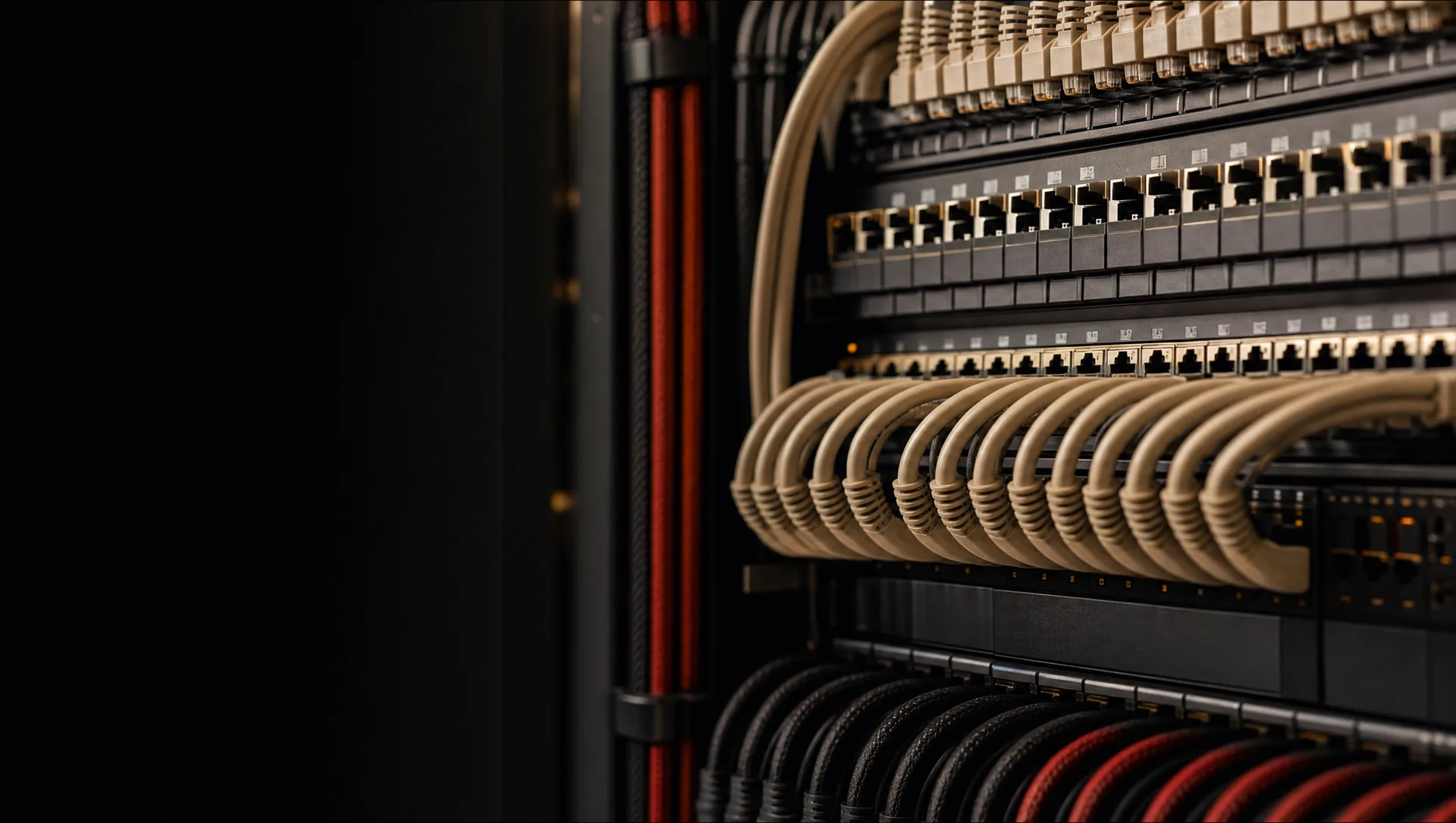 Detalle conceptual de un rack de red con cableado estructurado y ordenado